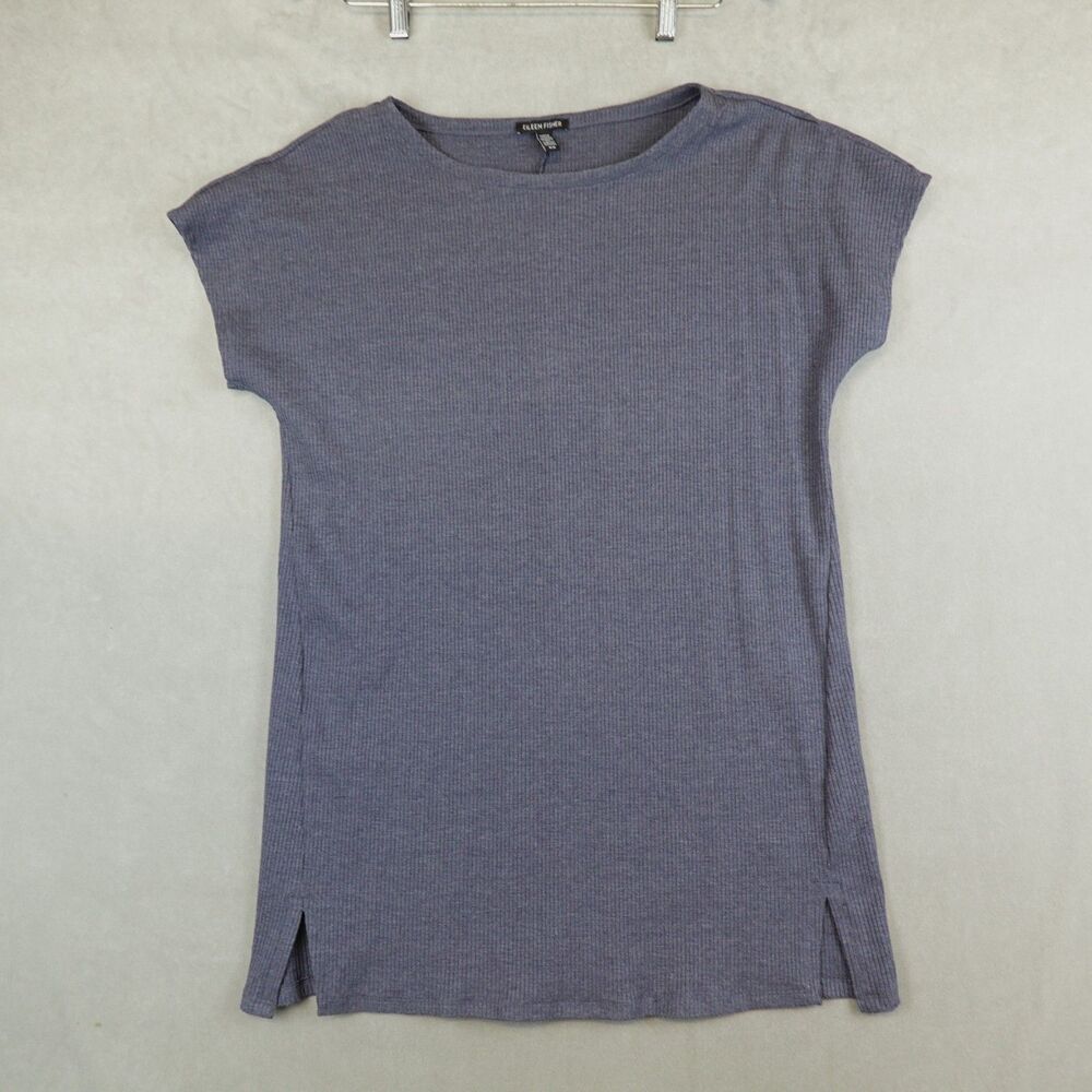 EILEEN FISHER Top M Stretch Tencel Jersey Ribbed Short Sleeve Blue Side Slits